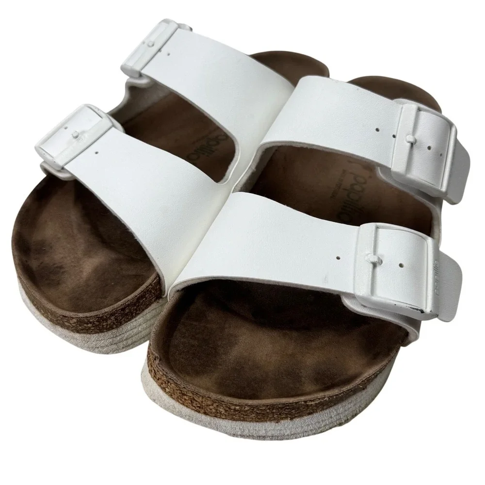 Papillio Birkenstock Arizona Platform Sandals Womens 38 7-7.5 White Vegan‎ Slide
